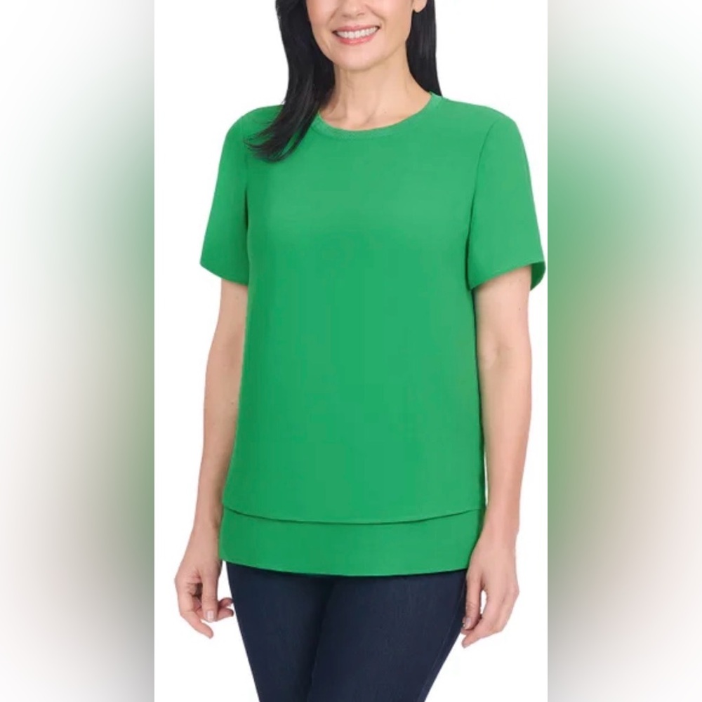 NWT Hilary Radley Womens Green Short-Sleeve Layered Hem Top L